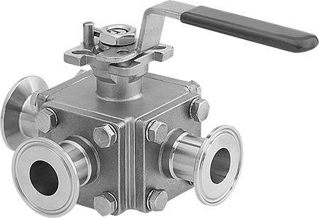 Image of Product. Front orientation. Diverting Valve with Quick-Clamp Fittings, for Food and Beverage, T-Pattern Flow, for 1-3/8" Tube ID.