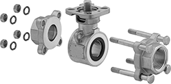 Image of Product. Three Piece (Shown Exploded). Front orientation. Exploded view. Valve Bodies. On/Off Valve Bodies, Three Piece.