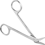 Image of Product. Serrated Blade. Front orientation. Scissors. Compact-Tip Scissors for Wire Cutting and Stripping, Offset Handle, 4 3/4" Overall Length.