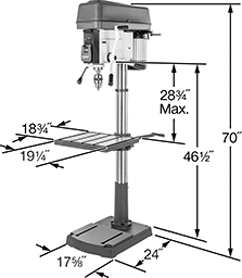 Image of Product. Front orientation. Contains Annotated. Drill Presses. Adjustable-Speed Economy Floor-Mount Drill Presses, 20" Maximum Workpiece Diameter.