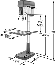 Image of Product. Front orientation. Contains Annotated. Drill Presses. Adjustable-Speed Economy Floor-Mount Drill Presses, 20" Maximum Workpiece Diameter.