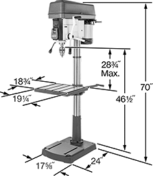 Image of Product. Front orientation. Contains Annotated. Drill Presses. Adjustable-Speed Economy Floor-Mount Drill Presses, 20" Maximum Workpiece Diameter.