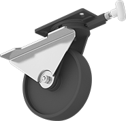 Image of Product. Swivel with Right Side Brake and Swivel Lock. Front orientation. Swivel Lock. High-Capacity Kingston Casters with Metal Wheels, Right-Side Brake.