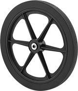 Image of Product. Front orientation. Wheels. Spoked Hollow-Tread Flat-Free Wheels , Rubber Tread on Polypropylene Core.