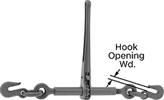 Image of Product. With Grab Hook Fittings. Front orientation. Contains Annotated. Load Binders. Ratchet Load Binders, Grab Hook.
