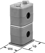 Image of Product. Shown with Stacking Clamp (Sold Separately). Front orientation. Contains Annotated. Routing Clamps. Weld-On Vibration-Damping Block Routing Clamps.