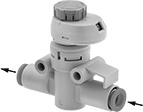 Image of Product. Front orientation. Contains Annotated. Air Flow Control Valves. Inline Air Flow Control Valves with Flow Indicator, Push-to-Connect Female Inlet × Push-to-Connect Female Outlet.