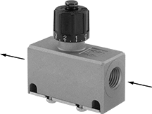 Image of Product. Front orientation. Contains Annotated. Air Flow Control Valves. Inline Air Flow Control Valves with Flow Indicator, BSPP Female Inlet × BSPP Female Outlet.