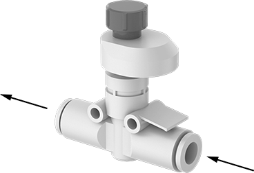 Image of Product. Push-To-Connect Female Inlet × Push-To-Connect Female Outlet. Front orientation. Contains Annotated. Inline Air Flow Control Valve with Flow Indicator, 1/4" Push-to-Connect Female Inlet x Outlet, 0.08 Cv.