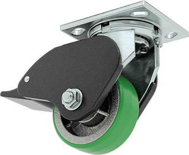 Image of Product. Front orientation. Samson Caster with 4-1/2" x 4" Mounting Plate, Swivel with Total Lock and 4" Diameter 60D Durometer Polyurethane Wheel.