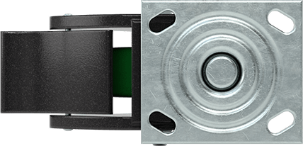 Image of Product. Top orientation. Samson Caster with 4-1/2" x 4" Mounting Plate, Swivel with Total Lock and 4" Diameter 60D Durometer Polyurethane Wheel.