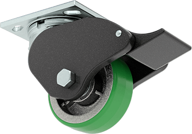Image of Product. Back orientation. Samson Caster with 4-1/2" x 4" Mounting Plate, Swivel with Total Lock and 4" Diameter 60D Durometer Polyurethane Wheel.