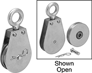 Image of Product. Front orientation. Contains Annotated, Inset. Pulleys. Easy-Open Hanging Pulleys for Wire Rope—For Lifting, Style A.