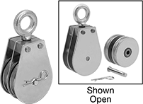 Image of Product. Front orientation. Contains Annotated, Inset. Pulleys. Easy-Open Hanging Pulleys for Wire Rope—For Lifting, Style D.