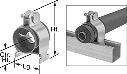 Image of Product. Front orientation. Contains Annotated, Inset, MultipleImages. Strut Channel Framing and Fittings. Strut Channel Routing Clamps for Insulated Pipe.