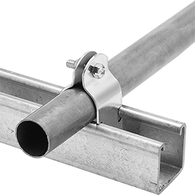 Image of ProductInUse. Clamp Shown Installed. Front orientation. Strut-Mount Metal Routing Clamp, 304 Stainless Steel, 1-5/16" ID, 5/64" Thick.
