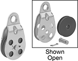 Image of Product. Front orientation. Contains Annotated, Inset. Pulleys. Easy-Open Hanging Pulleys for Wire Rope—For Horizontal Pulling, Style D.