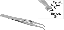 Image of Product. Front orientation. Contains Annotated, Inset. Tweezers. Tweezers, Bent Rectangular Tips.