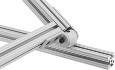 Image of ProductInUse. Inline with L and Straight Arms. Front orientation. T-Slotted Framing and Fittings. T-Slotted Framing Brackets, Heavy Duty Pivoting Brackets with Sleeve Bearings for Single Rails, Inline, L and Straight Arms.