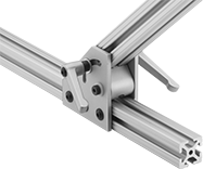Image of ProductInUse. Locking Inline with Straight Arms. Front orientation. T-Slotted Framing and Fittings. T-Slotted Framing Brackets, Heavy Duty Pivoting Brackets with Sleeve Bearings for Single Rails, Locking Inline, Straight Arms.