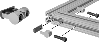 Image of ProductInUse. Front orientation. Exploded view. T-Slotted Framing and Fittings. T-Slotted Framing Brackets, Double Anchor Concealed Brackets, For Single Rails.