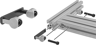 Image of ProductInUse. Front orientation. Exploded view. T-Slotted Framing and Fittings. T-Slotted Framing Brackets, Double Anchor Concealed Brackets, For Double and Quad Rails.