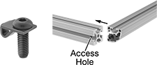 Image of ProductInUse. Front orientation. Exploded view. T-Slotted Framing and Fittings. T-Slotted Framing Brackets, Tabbed Concealed Brackets, For Radius Two Slot Single Rails.