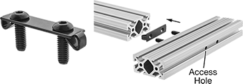 Image of ProductInUse. Front orientation. Exploded view. Contains Annotated. T-Slotted Framing and Fittings. T-Slotted Framing Brackets, Tabbed Concealed Brackets, For Double and Quad Rails.