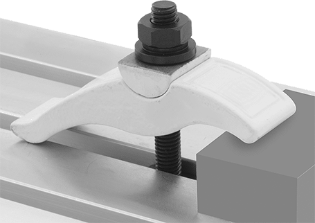 Image of ProductInUse. Front orientation. Self-Supporting Setup Clamp, for 5" Maximum Workpiece Thickness and 1" Diameter Stud.