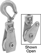 Image of Product. Front orientation. Contains Annotated, Inset. Pulleys. Easy-Open Hanging Pulleys for Rope—For Lifting.