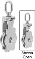 Image of Product. Front orientation. Contains Annotated, Inset. Pulleys. Easy-Open Hanging Pulleys for Rope—For Horizontal Pulling, Stainless Steel.