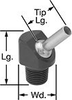 Image of Product. With Tip. Front orientation. Contains Annotated. Coolant Nozzles. Machine-Mount Coolant Nozzles with Threaded Connection, Stainless Steel Tip.