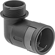 Image of Product. Snap-In × Threaded. Front orientation. Conduit and Fittings. Continuous-Flex Plastic (MPT) Conduit and Fittings, 90° Elbow, Connector Fitting, Snap-In Conduit Connection × Threaded Knockout Connection.