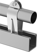 Image of ProductInUse. Parallel-Mounted Clamp Shown Installed. Front orientation. Strut Channel Framing and Fittings. Standoff Strut Channel Routing Clamps, Zinc-Plated Steel, Parallel Mount.