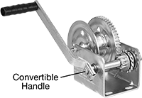 Image of Product. Open Winch with Right- or Left-Side Handle. Front orientation. Contains Annotated. Winches. Hand Winches for Wire Rope—For Lifting, Open Body, Right- or Left-Side Handle.