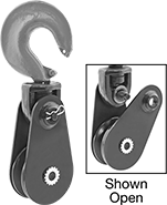 Image of Product. Front orientation. Contains Annotated, Inset. Pulleys. Easy-Open Hanging Pulleys for Wire Rope—For Lifting, Style C.