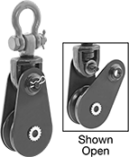 Image of Product. Front orientation. Contains Annotated, Inset. Pulleys. Easy-Open Hanging Pulleys for Wire Rope—For Lifting, Style B.
