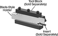 Image of ProductInUse. Front orientation. Contains Annotated. Lathe Tool Insert Holders. Blade-Style Holders for Cutoff and Grooving Lathe Tool Inserts with Two Cutting Edges.