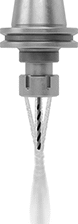 Image of ProductInUse. Angled Ports Shown in Use. Front orientation. Milling Machine Collets. ER Coolant Control Collets, Angled Ports Coolant Delivery Collet.