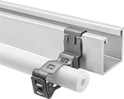 Image of ProductInUse. Front orientation. Strut Channel Framing and Fittings. Strut Channel Hangers, For Suspending Conduit.
