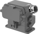 Image of Product. With Attached Cover. Front orientation. Latching Connectors. Latching Connectors, Side Conduit Connection—1 Latching Lever, Female Conduit Connection, Screw-Terminal Wire Connection, Attached.