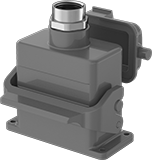 Image of Product. With Attached Cover. Front orientation. Latching Connectors. Latching Connectors, Top Conduit Connection—1 Latching Lever, Female Conduit Connection, Screw-Terminal Wire Connection, Attached.
