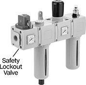 Image of ProductInUse. Shown Installed. Front orientation. Contains Annotated. Safety Lockout Valves. Safety Lockout Valves for Aventics Modular Compressed Air Filter/Regulator/Lubricators (FRLs).