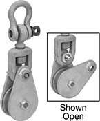 Image of Product. Front orientation. Contains Annotated, Inset. Pulleys. Easy-Open Hanging Pulleys for Wire Rope—For Horizontal Pulling, Style B.