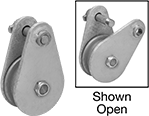 Image of Product. Front orientation. Contains Annotated, Inset. Pulleys. Easy-Open Hanging Pulleys for Wire Rope—For Horizontal Pulling, Style C.