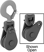 Image of Product. Front orientation. Pulleys. Easy-Open Hanging Pulleys for Wire Rope—For Horizontal Pulling, Style A.