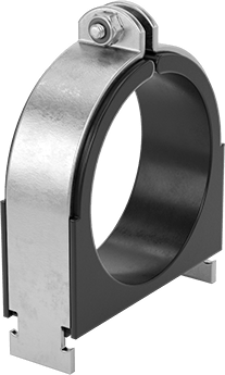 Image of Product. Back orientation. Strut-Mount Vibration-Damping Routing Clamp, with TPE Rubber Cushion, 316 Stainless Steel, 3-5/8" ID.