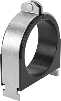 Image of Product. Front orientation. Strut-Mount Vibration-Damping Routing Clamp, with TPE Rubber Cushion, 316 Stainless Steel, 3-5/8" ID.