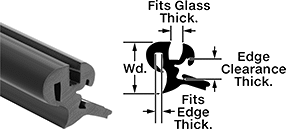 Image of Product. Front orientation. Contains Annotated, MultipleImages. Edge Seals. Push-On Edge Seals with Glass Locking Slot, Style B.