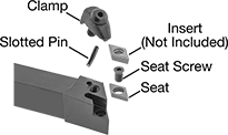 Image of System. Parts for D-Code Holders. Front orientation. Exploded view. Contains Annotated, MultipleImages. Lathe Tool Insert Holder Replacement Parts. Parts for Carbide Insert Holders.